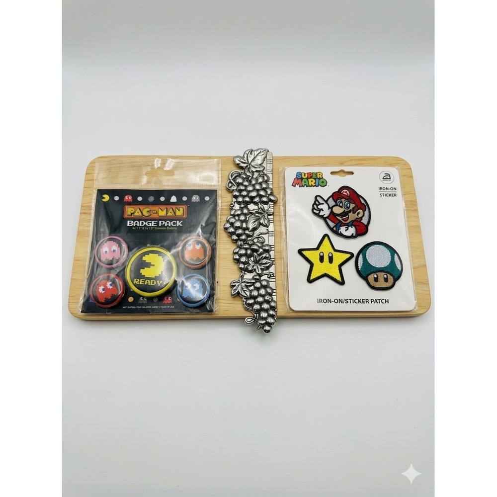 Nintendo Super Mario Iron On Patches & Pac-Man Badge Pin Button Bundle Set New
